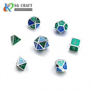 GREEN AND BLUE ENAMELED METAL DICE